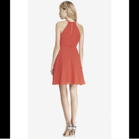 Express Fit and Flare Red/Orange Halter Dress Keyhole - Picture 2 of 12